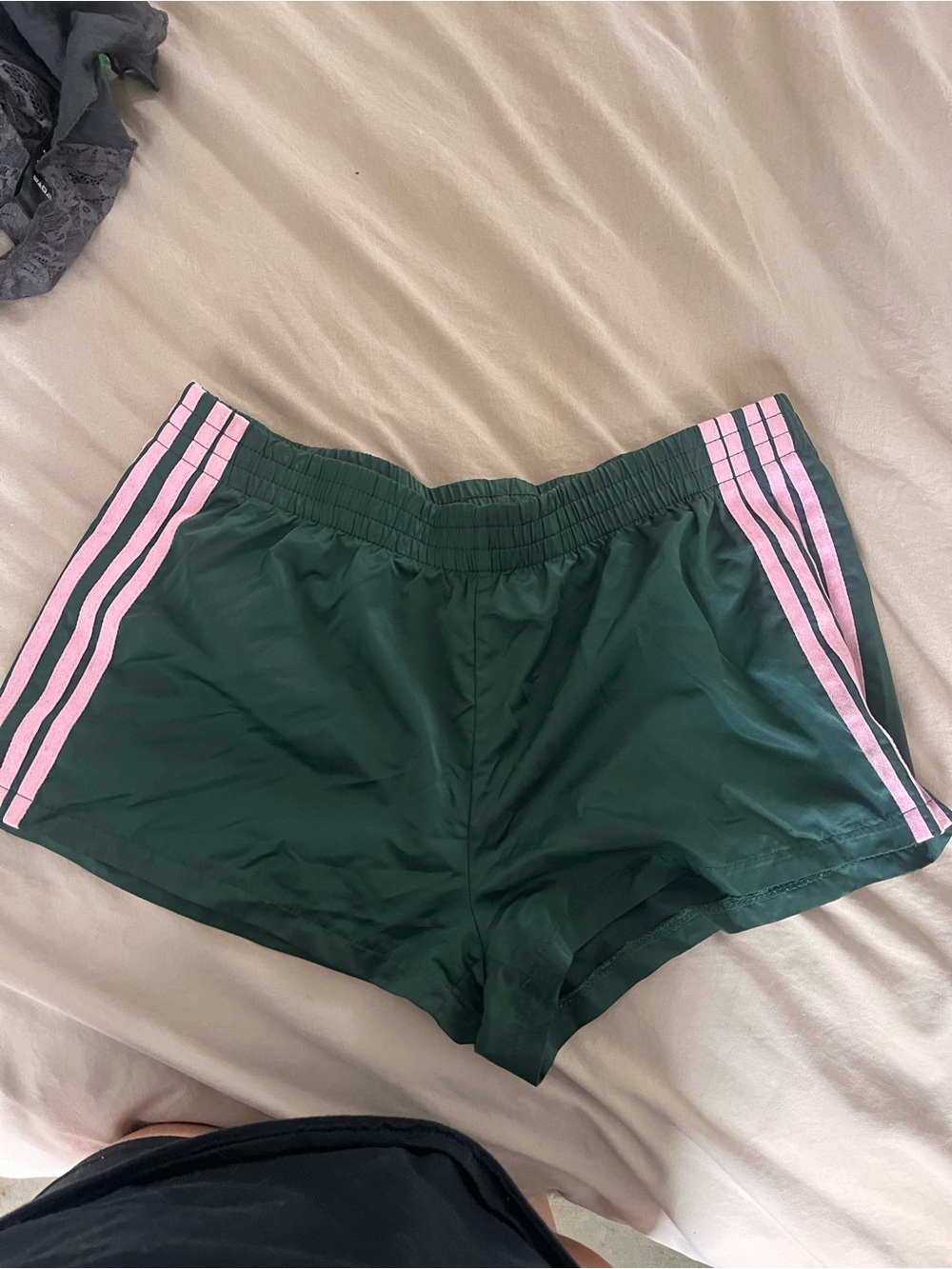 Edikted Dark Green Athletic Shorts with Pink Side Stripes